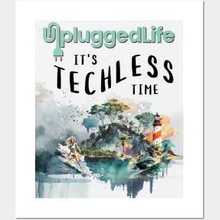 Unplugged Life Techless Time Tropical Island Watercolor Tee Posters and Art